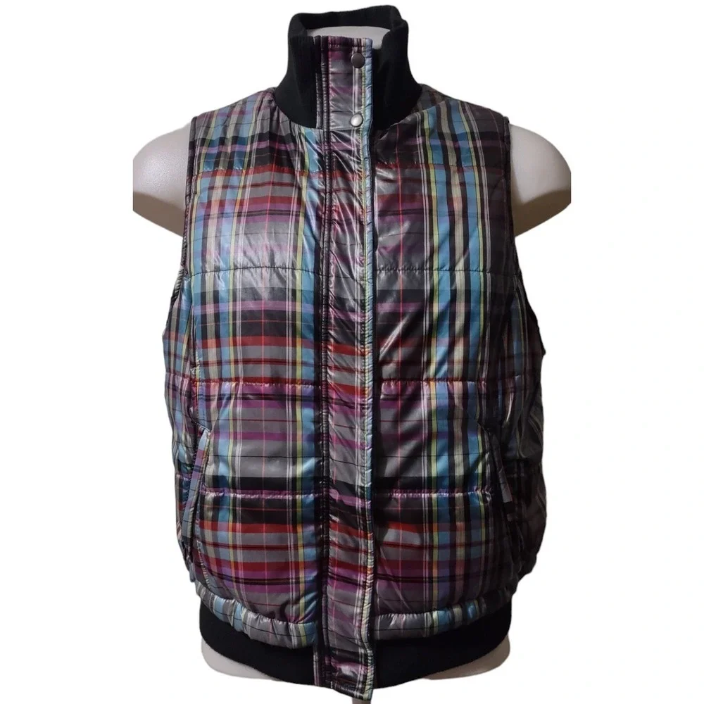 CJ Banks Vest Size X Woman's Plaid Puffer Full Zip With Covered Snap Zip Pockets